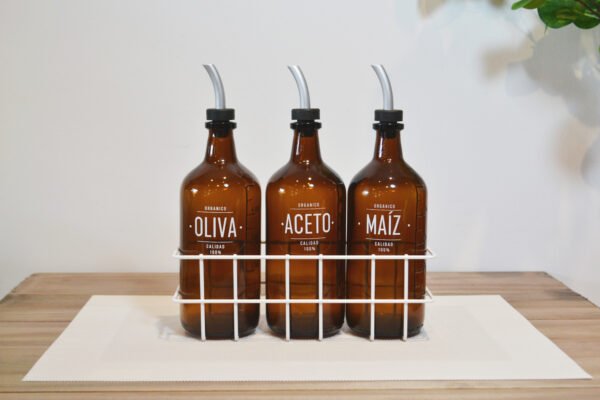Set x3 Aceiteras Oliva/Aceto/Maíz con Canasto